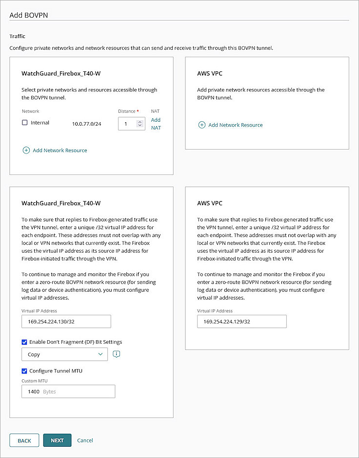 SScreenshot of WGC, Add BOVPN page with Traffic settings